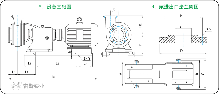 UHB-ZK-III型鋼襯聚氨酯高耐磨渣漿泵安裝尺寸圖